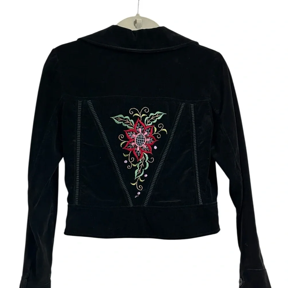 Vintage velvet black jacket and pants size youth 8 Pink and green embroidery.